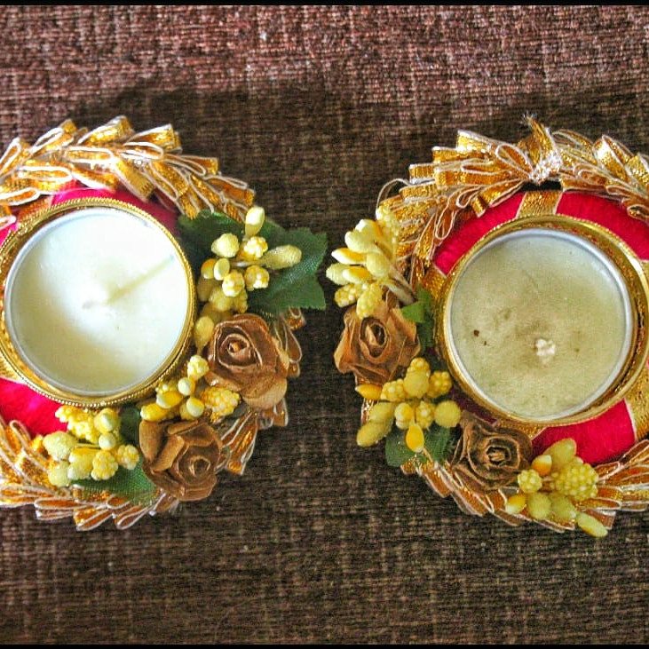 Decorative Diya With Artificial Flower Plus Candle Holder
