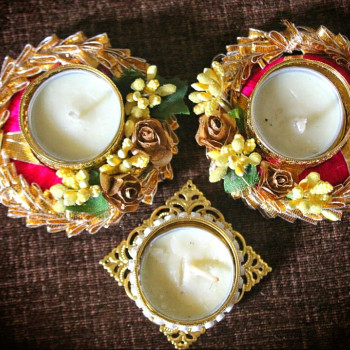 Decorative Diya Plus Candle Holder With Artificial Flower 