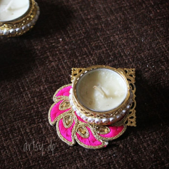 Decorative Diya Plus Candle Holder With Artificial Pink Flower