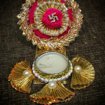 Decorative Diya Plus Candle Holder With Handmade Flower