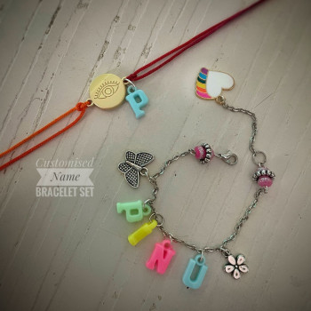 Customized Name Bracelet Set With Rakhi Customized Name Bracelet Set With Rakhi