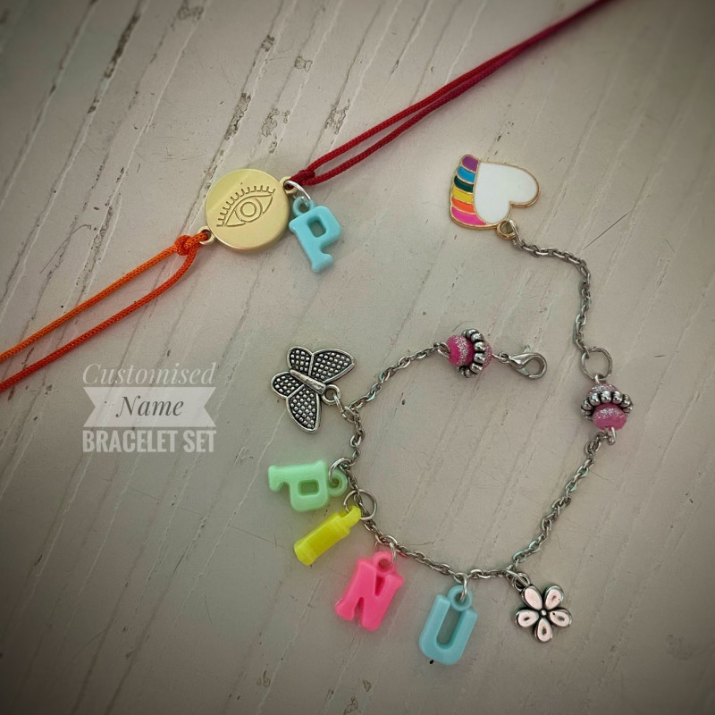Customized Name Bracelet Set With Rakhi