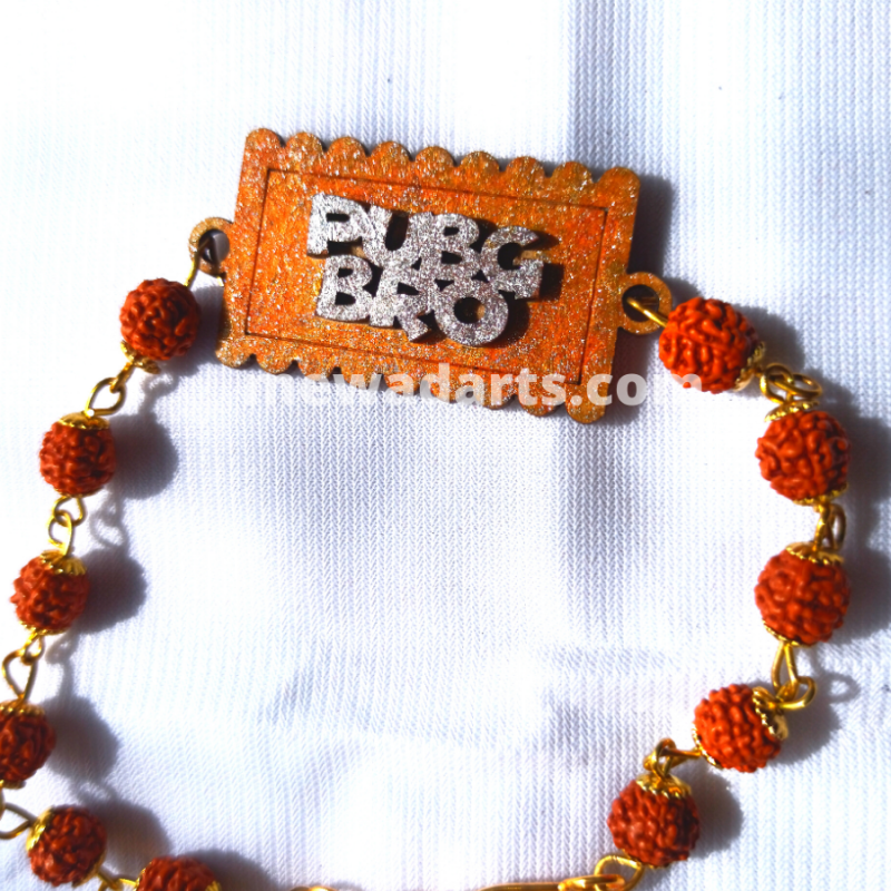 PubG Bro MDF Silver Text Rakhi With Rudraksh Baeds PubG Bro MDF Silver Text Rakhi With Rudraksh Baeds