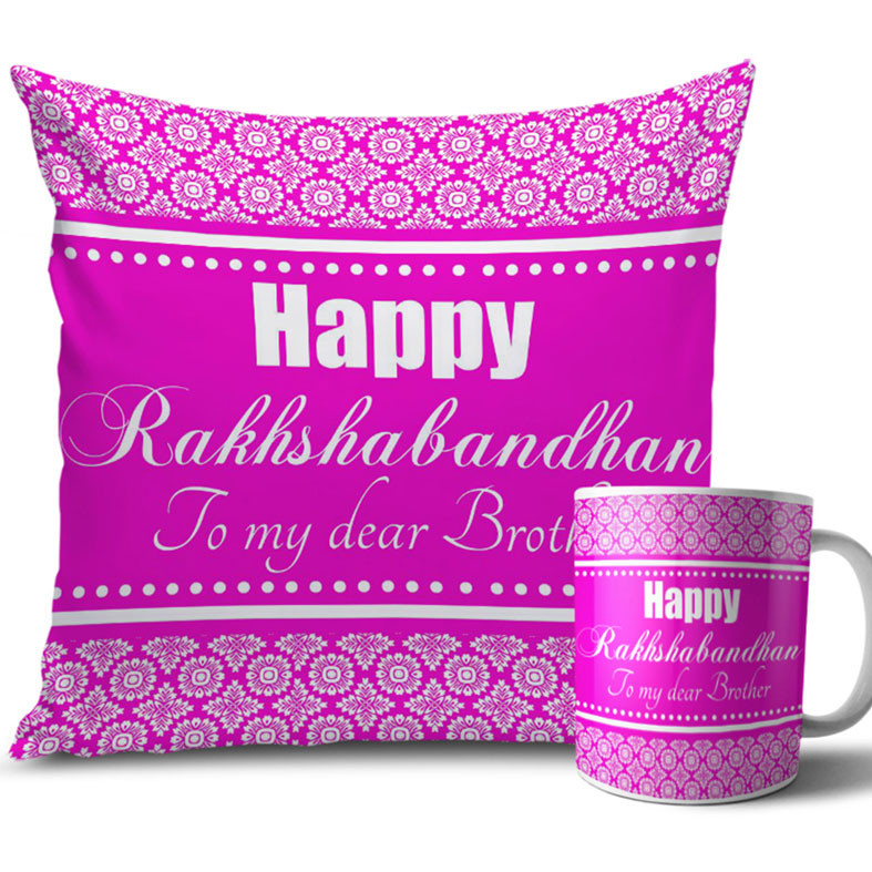 Pink White Design Rakhi Cushion and Mug Combo 12 X 12 Inches