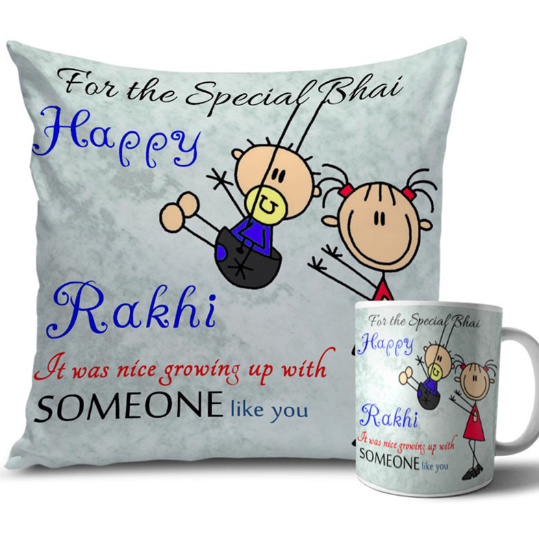 Silver and Grey Colour Rakhi Cushion and Mug Combo 12 X 12 Inches