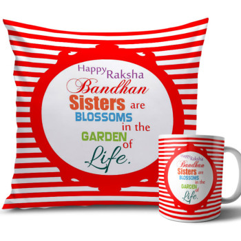 Red and White Lines Rakhi Cushion and Mug Combo 12 X 12 Inches Red and White Lines Rakhi Cushion and Mug Combo 12 X 12 Inches