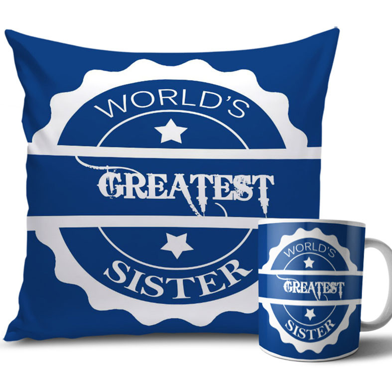 Medium Blue Colour Greatest Rakhi Cushion and Mug Combo 12 X 12 Inches