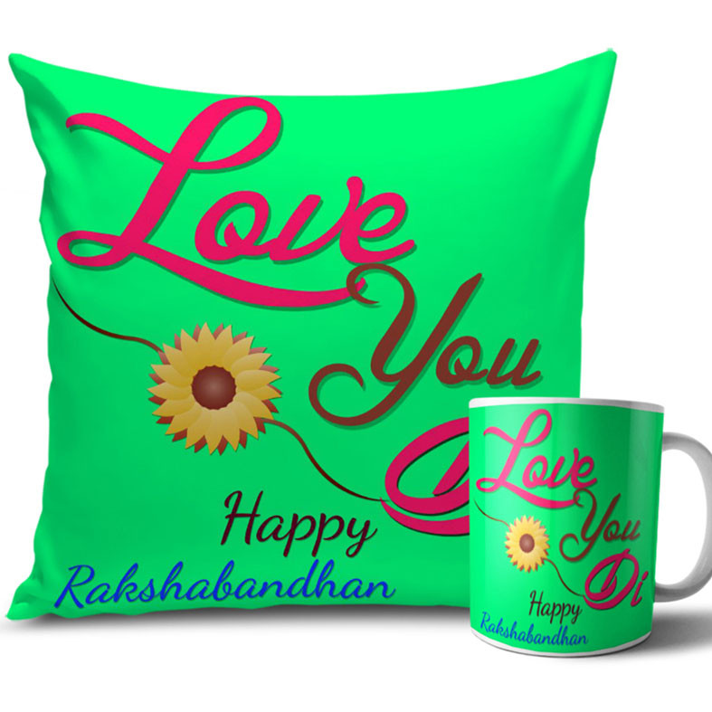 Spring Green Colour Rakhi Cushion and Mug Combo 12 X 12 Inches