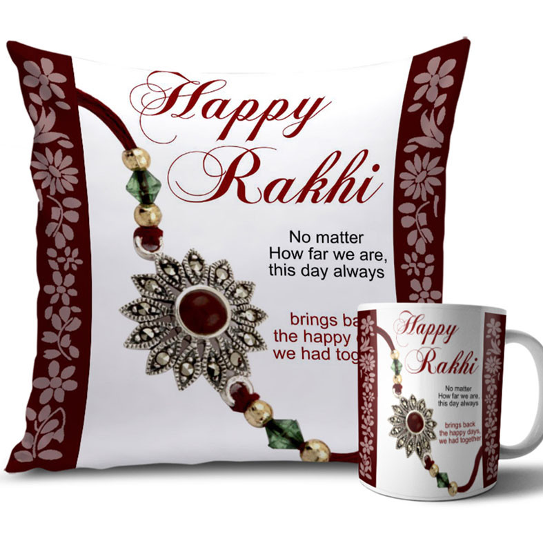 Brown and White Colour Rakhi Cushion and Mug Combo 12 X 12 Inches Brown and White Colour Rakhi Cushion and Mug Combo 12 X 12 Inches