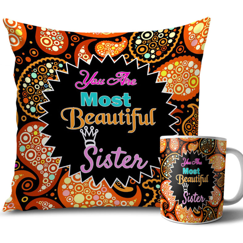 Mehndi Design Black Colour Rakhi Cushion and Mug Combo 12 X 12 Inches