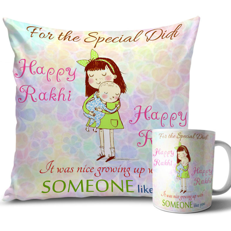 Light Colour Flowers Rakhi Cushion and Mug Combo 12 X 12 Inches