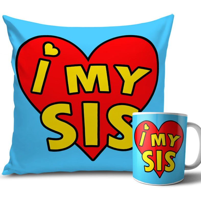 Red Heart with Sky Blue Colour Rakhi Cushion and Mug Combo 12 X 12 Inches