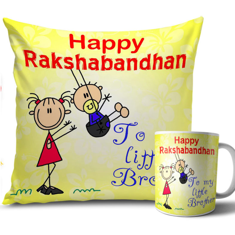 Yellow White Colour Rakhi Cushion and Mug Combo 12 X 12 Inches