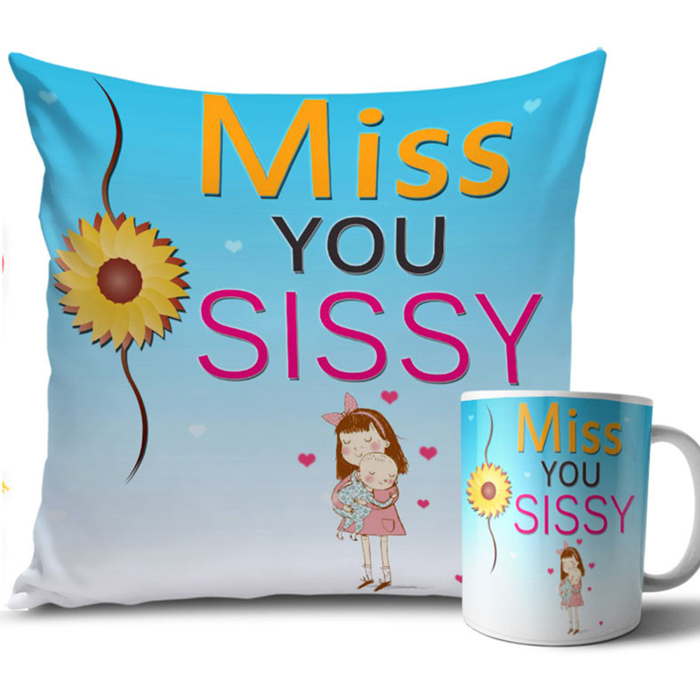 Pink Heart with Blue Colour Rakhi Cushion and Mug Combo 12 X 12 Inches
