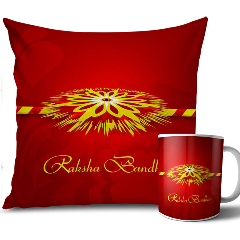 Dark Red and Yellow Colour Rakhi Cushion and Mug Combo 12 X 12 Inches