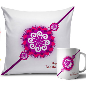 White and Purple Colour Rakhi Cushion and Mug Combo 12 X 12 Inches White and Purple Colour Rakhi Cushion and Mug Combo 12 X 12 Inches