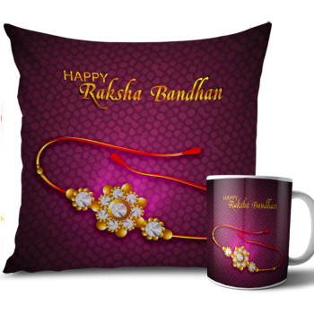 Purple and Black Colour Rakhi Cushion and Mug Combo 12 X 12 Inches Purple and Black Colour Rakhi Cushion and Mug Combo 12 X 12 Inches