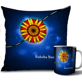 Sky Blue and Black Colour Rakhi Cushion and Mug Combo 12 X 12 Inches Sky Blue and Black Colour Rakhi Cushion and Mug Combo 12 X 12 Inches