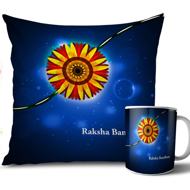 Sky Blue and Black Colour Rakhi Cushion and Mug Combo 12 X 12 Inches
