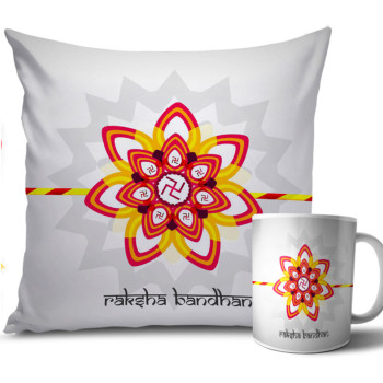 Red Swastika Design Rakhi Cushion and Mug Combo 12 X 12 Inches Red Swastika Design Rakhi Cushion and Mug Combo 12 X 12 Inches