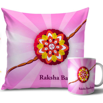 Red Swastika Design with Pink Colour Rakhi Cushion and Mug Combo 12 X 12 Inches Red Swastika Design with Pink Colour Rakhi Cushion and Mug Combo 12 X 12 Inches