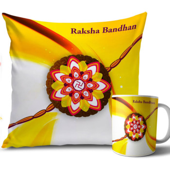 Red Swastika Design with Yellow Colour Rakhi Cushion and Mug Combo 12 X 12 Inches Red Swastika Design with Yellow Colour Rakhi Cushion and Mug Combo 12 X 12 Inches
