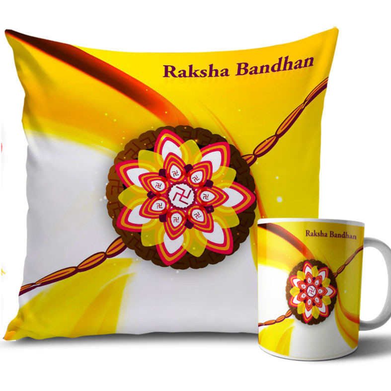 Red Swastika Design with Yellow Colour Rakhi Cushion and Mug Combo 12 X 12 Inches