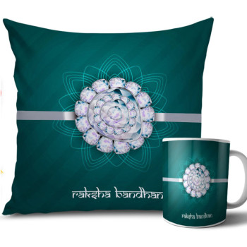 Diamond with Dark Green Colour Rakhi Cushion and Mug Combo 12 X 12 Inches Diamond with Dark Green Colour Rakhi Cushion and Mug Combo 12 X 12 Inches