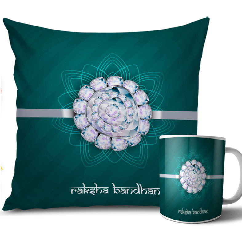 Diamond with Dark Green Colour Rakhi Cushion and Mug Combo 12 X 12 Inches