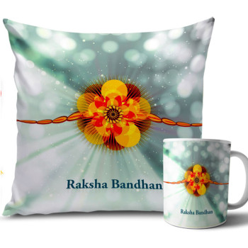 Yellow Flower with Light Green Colour Rakhi Cushion and Mug Combo 12 X 12 Inches Yellow Flower with Light Green Colour Rakhi Cushion and Mug Combo 12 X 12 Inches