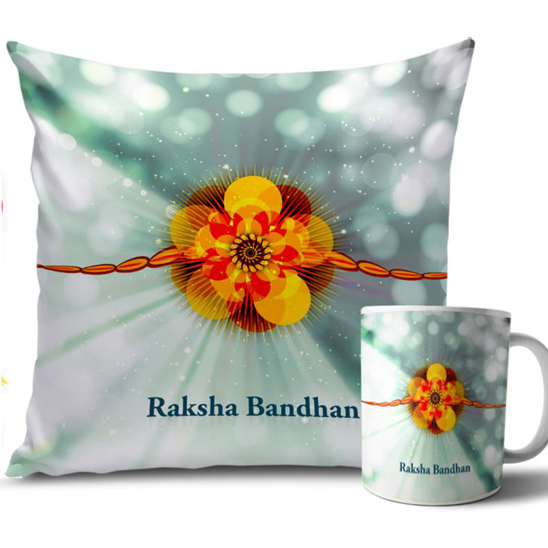 Yellow Flower with Light Green Colour Rakhi Cushion and Mug Combo 12 X 12 Inches