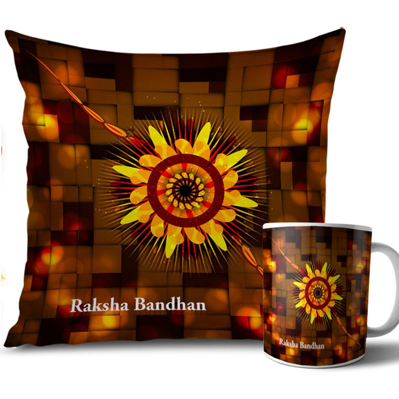 Chocolate Brown Colour Rakhi Cushion and Mug Combo 12 X 12 Inches Chocolate Brown Colour Rakhi Cushion and Mug Combo 12 X 12 Inches