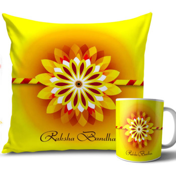 Sun Design with Yellow Colour Rakhi Cushion and Mug Combo 12 X 12 Inches Sun Design with Yellow Colour Rakhi Cushion and Mug Combo 12 X 12 Inches