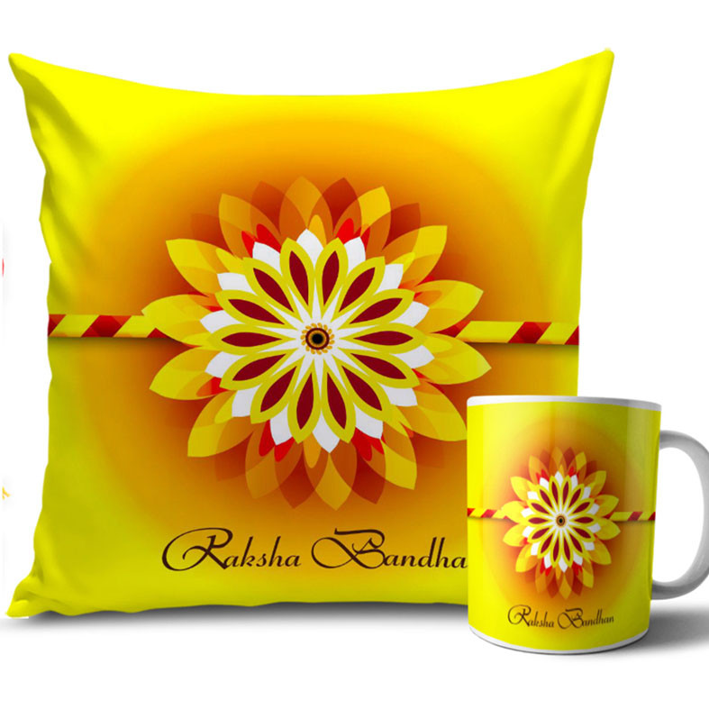 Sun Design with Yellow Colour Rakhi Cushion and Mug Combo 12 X 12 Inches