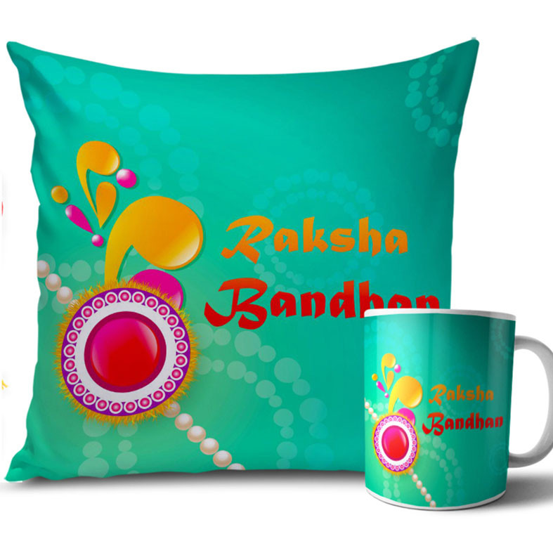 Sea Green Colour Rakhi Cushion and Mug Combo 12 X 12 Inches