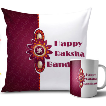 Om Symbol with White Colour Rakhi Cushion and Mug Combo 12 X 12 Inches Om Symbol with White Colour Rakhi Cushion and Mug Combo 12 X 12 Inches