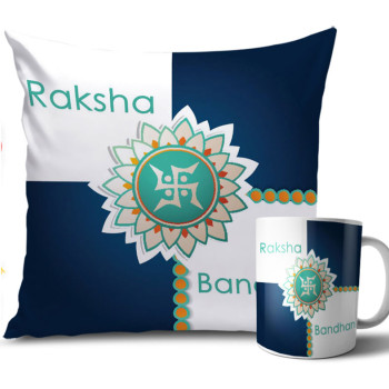 Swastik Symbol with Blue and White Colour Rakhi Cushion and Mug Combo 12 X 12 Inches Swastik Symbol with Blue and White Colour Rakhi Cushion and Mug Combo 12 X 12 Inches