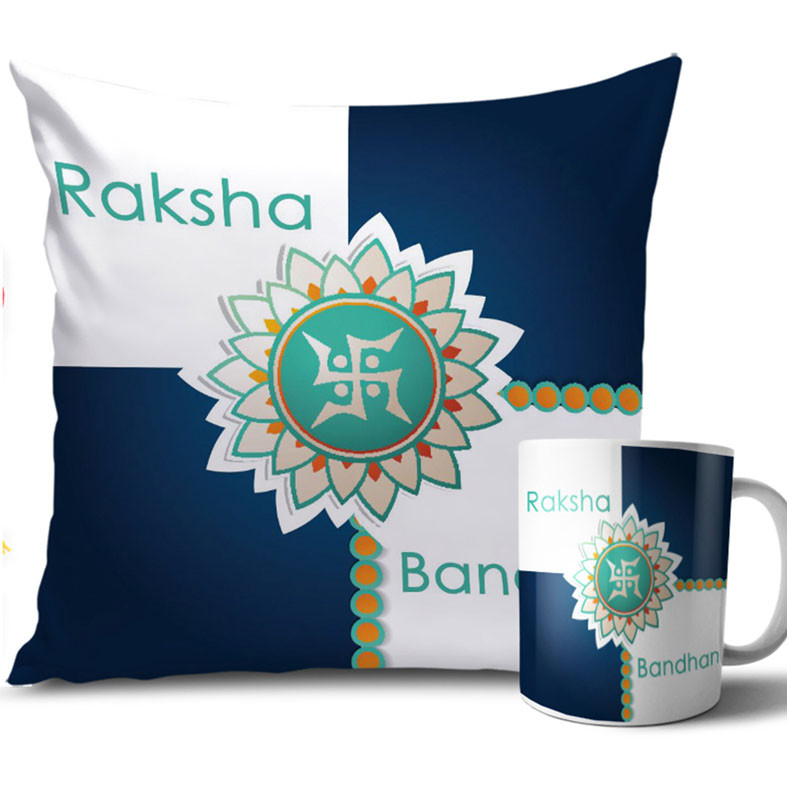 Swastik Symbol with Blue and White Colour Rakhi Cushion and Mug Combo 12 X 12 Inches