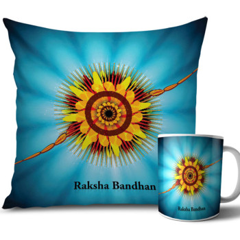 Sky Blue and Dark Blue Colour Rakhi Cushion and Mug Combo 12 X 12 Inches Sky Blue and Dark Blue Colour Rakhi Cushion and Mug Combo 12 X 12 Inches