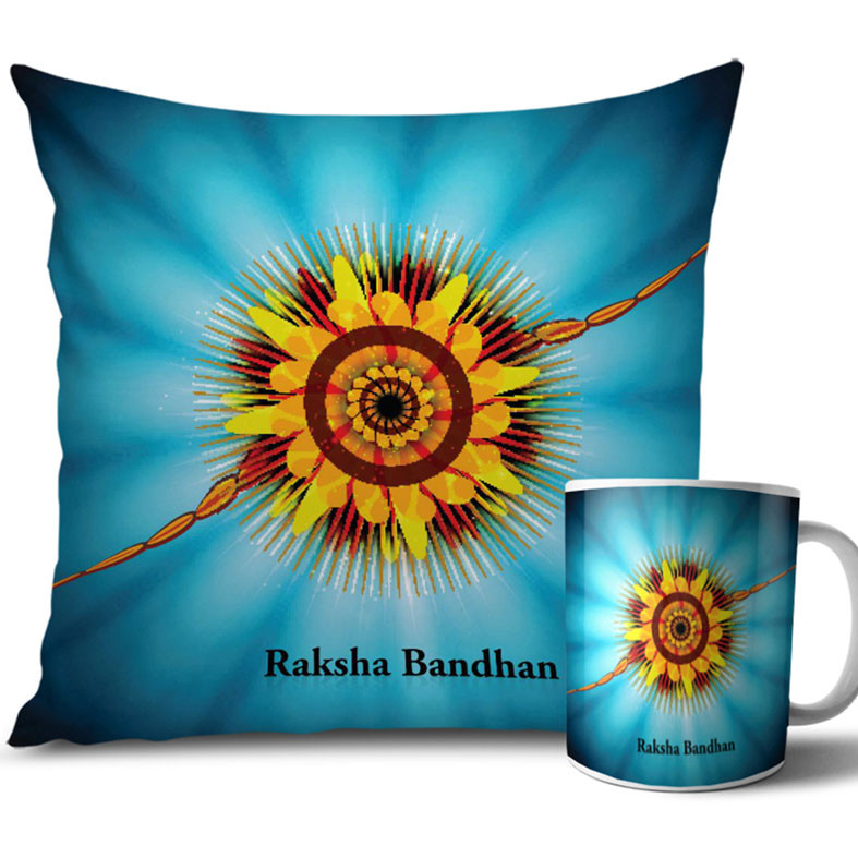 Sky Blue and Dark Blue Colour Rakhi Cushion and Mug Combo 12 X 12 Inches