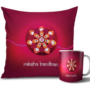 Swastik Symbol with Dark Pink Colour Rakhi Cushion and Mug Combo 12 X 12 Inches Swastik Symbol with Dark Pink Colour Rakhi Cushion and Mug Combo 12 X 12 Inches