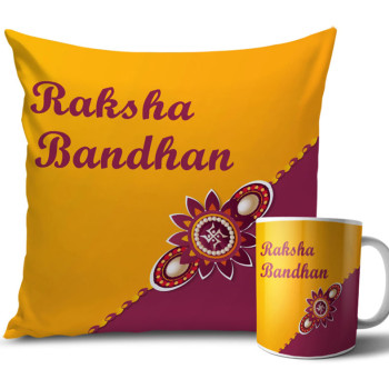 Swastik Symbol with Yellow Colour Rakhi Cushion and Mug Combo 12 X 12 Inches Swastik Symbol with Yellow Colour Rakhi Cushion and Mug Combo 12 X 12 Inches