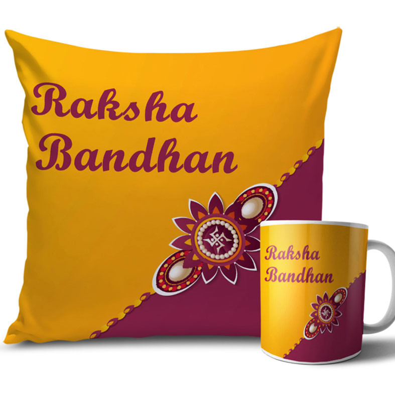 Swastik Symbol with Yellow Colour Rakhi Cushion and Mug Combo 12 X 12 Inches