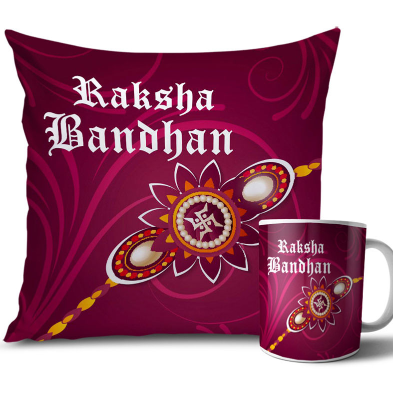 Swastik Symbol with Pink Colour Rakhi Cushion and Mug Combo 12 X 12 Inches