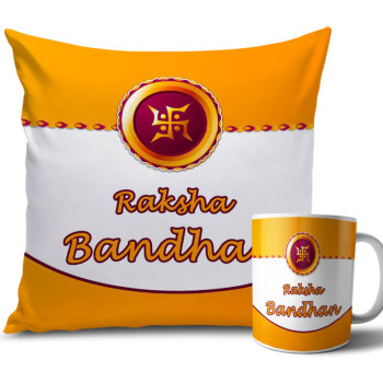 Yellow Swastik with Yellow Colour Rakhi Cushion and Mug Combo 12 X 12 Inches Yellow Swastik with Yellow Colour Rakhi Cushion and Mug Combo 12 X 12 Inches
