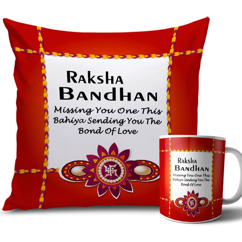 White Swastik Symbol with Red Colour Rakhi Cushion and Mug Combo 12 X 12 Inches