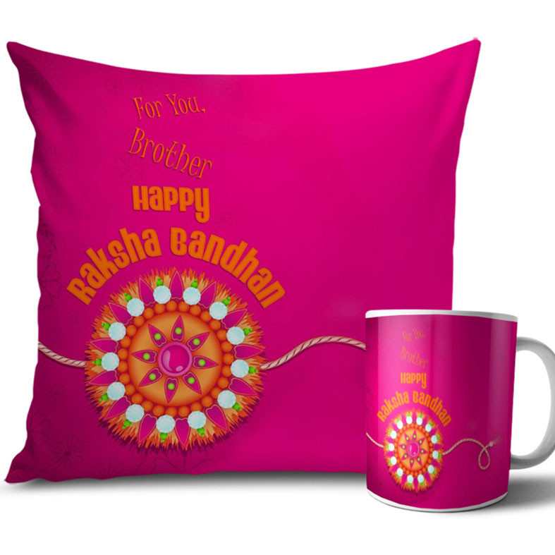 Dark Pink Colour Rakhi Cushion and Mug Combo 12 X 12 Inches
