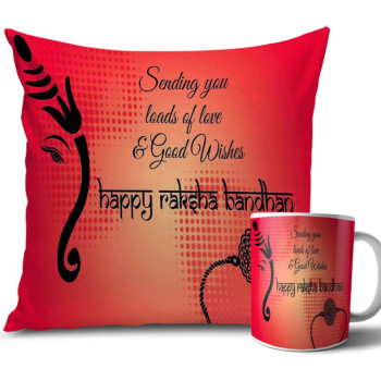 Ganesh Face with Red Colour Rakhi Cushion and Mug Combo 12 X 12 Inches Ganesh Face with Red Colour Rakhi Cushion and Mug Combo 12 X 12 Inches