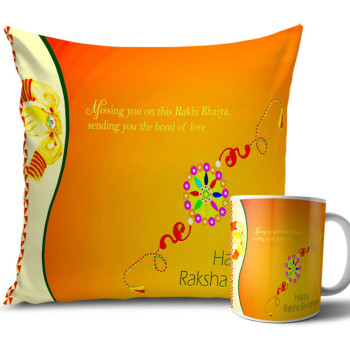 Orange and Yellow Colour Rakhi Cushion and Mug Combo 12 X 12 Inches Orange and Yellow Colour Rakhi Cushion and Mug Combo 12 X 12 Inches