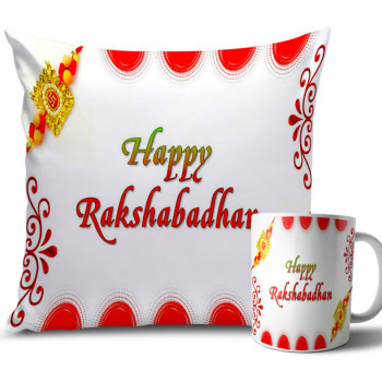 Red Doted and White Colour Rakhi Cushion and Mug Combo 12 X 12 Inches Red Doted and White Colour Rakhi Cushion and Mug Combo 12 X 12 Inches